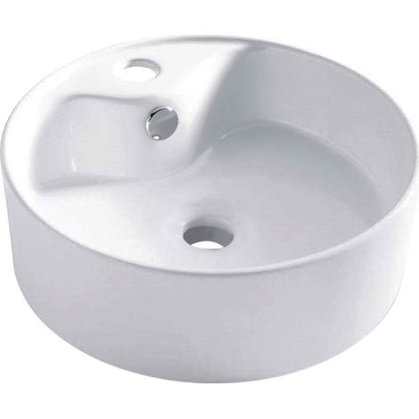 Vasque à poser ronde en porcelaine blanche brillante – Dimensions 390 x 135 mm – Rebosadero intégré pour gestion de l'eau (1/3)
