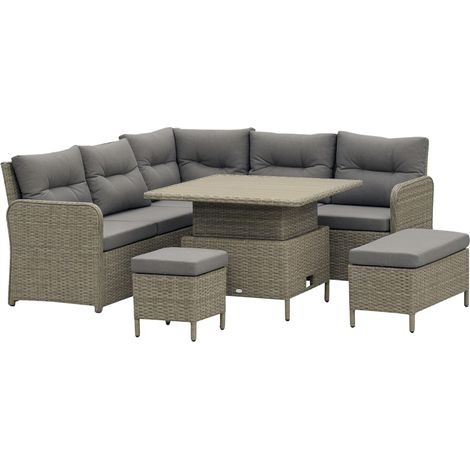 Outsunny 6 Pieces Outdoor PE Rattan Garden Furniture, Patio Wicker Sectional Conversation Corner Sofa w/ Soft Padded Cushion & Liftable Coffee Table, Grey