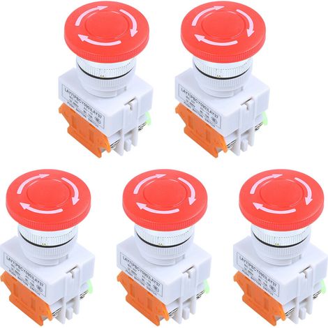 5x AC 660V 10A Not-Aus-Drucktaster 1NO 1NC DPST rote Pilzkappe (1/2)
