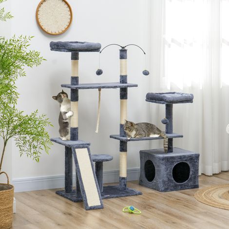 Tiragraffi per gatti da 134 cm con torre, nidi, piattaforme, palline giocattolo e pali in sisal grigio scuro.