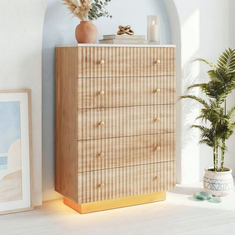 Commode 5 Tiroirs Bois Naturel avec LED, Meuble de Rangement Style Bohème Grande Capacité pour Chambre Salon, 73x40x111 cm