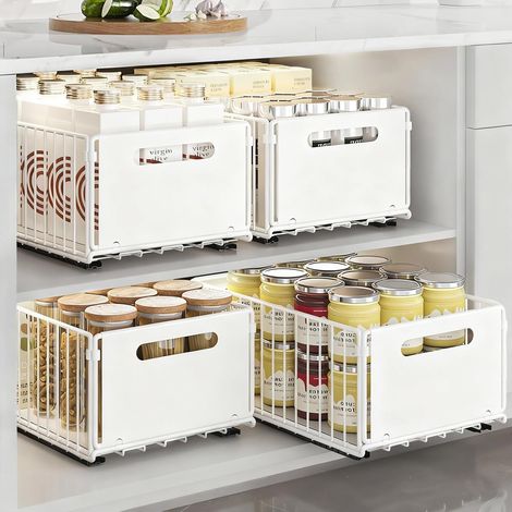 Organisateur de placard extensible pliable - Organiseur de tiroir extensible pour l'organisation des armoires de cuisine (4 grands) Blanc (1/5)