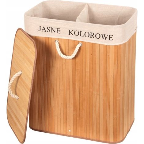 CESTA GRANDE DE BAMBÚ PARA LA ROPA, DOS COMPARTIMENTOS CON TAPA, 100 L