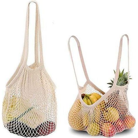 2pcs Sacs à Provisions En Filet De Coton, Sac Filet Maille Réutilisable, Sacs à Cordes En Coton Avec Longue Poignée Pour Le Shopping, Le Stockage beige (1/5)