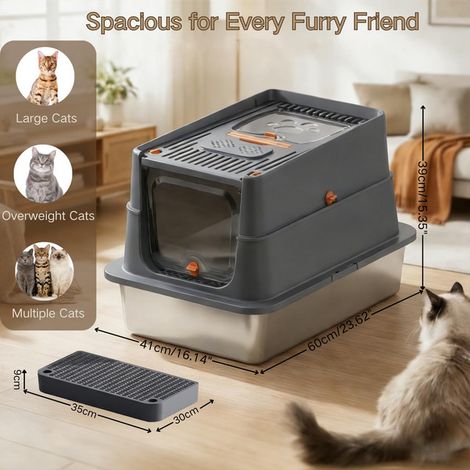 Bac à litière en acier inoxydable pour chat Maison de toilette fermée anti-odeur et anti-projection grand modèle avec pelle et tapis (1/5)