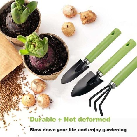 Ce petit ensemble d'outils de jardinage contient trois outils à manches en plastique, dont une pelle à bonsaï. Léger et résistant, il est idéal pour les plantes succulentes. (1/3)