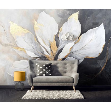 Vlies Fototapete Blumen 250x175 cm, Tapeten, für Wohn und Schlafzimmer, Vliestapete Wandtapete Tapete 3D Effekt- inkl. Kleister - Blätter gold schwarz weiß, WallArena (1/4)