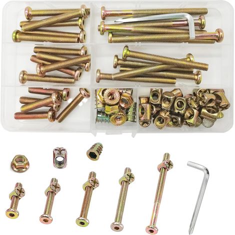 Kit de 61 écrous de boulons M6 x 30/40/50/60/80 mm plaqué zinc avec tête hexagonale, boulons pour meubles, assortiment d'écrous à barillet (1/5)