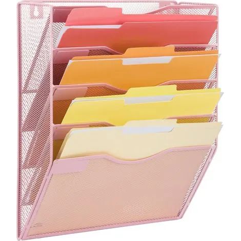 Organiseur mural suspendu à 5 poches en filet, porte-documents mural, porte-revues avec porte-étiquettes pour le bureau, la maison et l'école, rose (1/3)