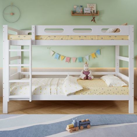 Lit superposé, lit enfant, 90x200cm, avec échelle, barrière de sécurité et sommier à lattes, pin, MDF et contreplaqué, blanc (1/5)