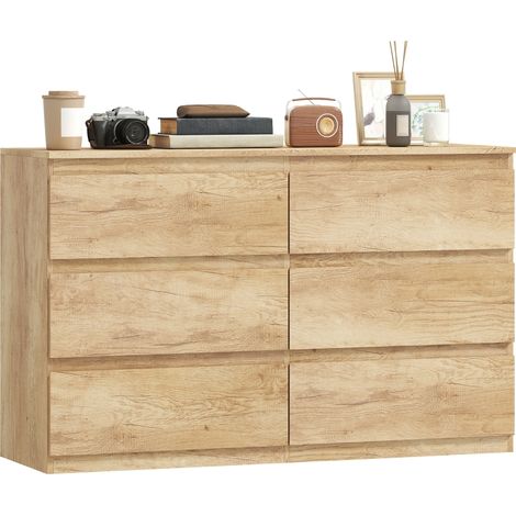 Commode 6 tiroirs meuble de rangement sans poignées design minimaliste 120 x 39 x 75 cm chêne (1/5)