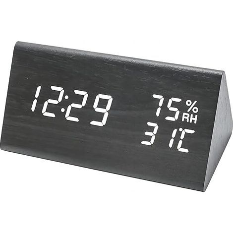 Wecker aus Holz mit Anzeige von Uhrzeit, Datum, Temperatur und Luftfeuchtigkeit geeignet für Zuhause, Schlafzimmer und Büro.
