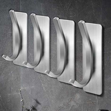 4 Pièces Crochets auto-adhésifs, Crochet Adhesif Mural, Serviette Crochet Robe Acier Inoxydable pour cuisine, salle de bain, bureau, placard (Argent)