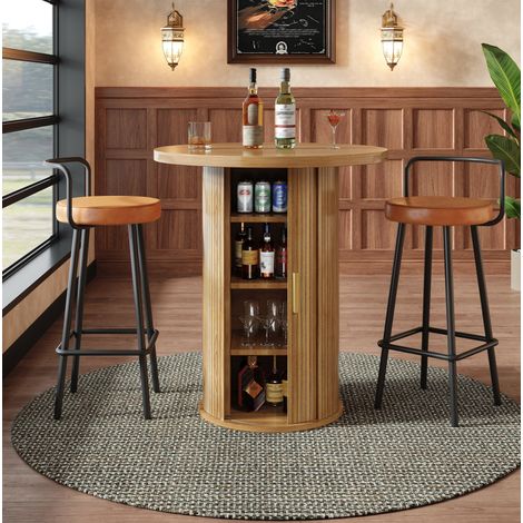 Mesa alta redonda de MDF y metal, 60 x 60 x 91,6 cm, efecto madera, con almacenamiento (1/5)