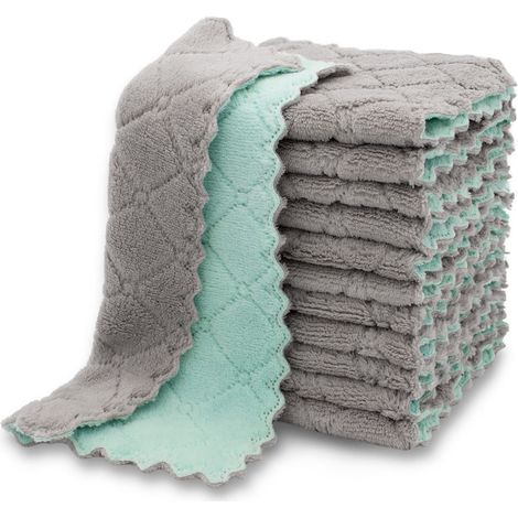 Lot de 12 torchons de cuisine, torchons de qualité supérieure, torchon super absorbant en corail cygne (vert-gris).