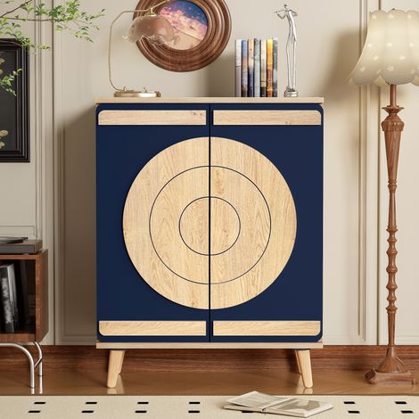 Scarpiera in truciolare blu e naturale 76 x 37 x 98,5 cm con ante geometriche e ripiani interni