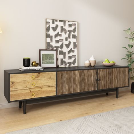 TV-Lowboard Schwarz und Holz 180 cm, moderner niedriger Wohnzimmerschrank mit 2 Türen im Wellenmuster, 3 Schubladen und Massivholzfüßen