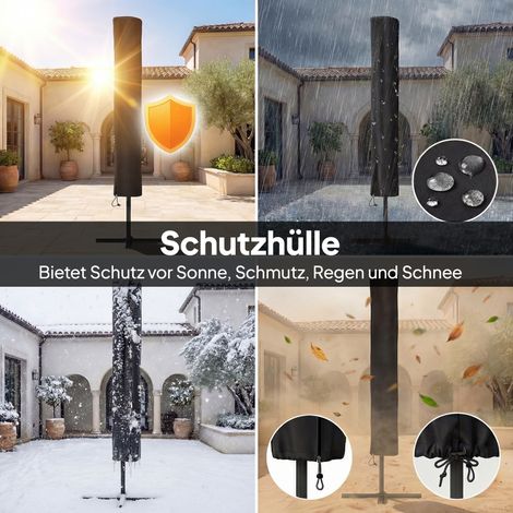 Parasol LED solaire orientable environ 300 x 200 cm, inclinable avec manivelle, housse de protection, anti-UV, rotatif, bleu marine (1/4)