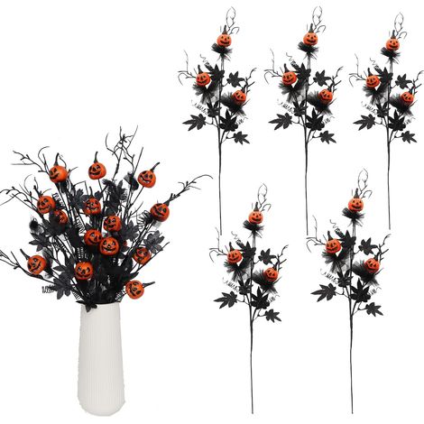 Lot de 5 fleurs artificielles noires Halloween 53 cm, tiges et branches citrouille feuilles d'érable, décoration vase maison fête (1/5)