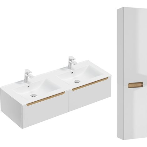 Ensemble meuble double vasque encastrée 120cm 2 tiroirs et colonne Livia Blanc et Bois (1/5)