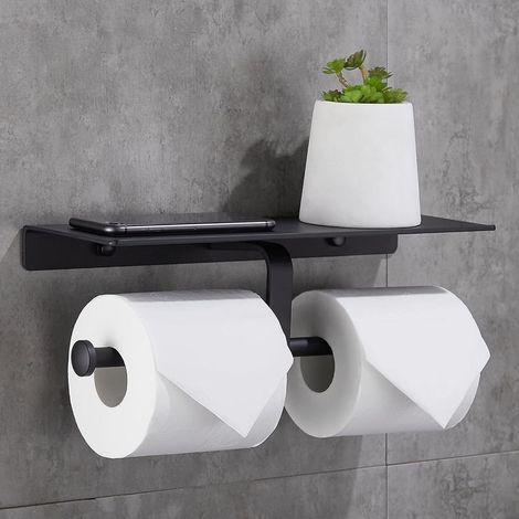 Porte Rouleau de Papier Toilette Hygiénique sans Perage avec Etagère de Téléphone Portable Support Mural Double pour Salle de Bains (Noir) (1/5)