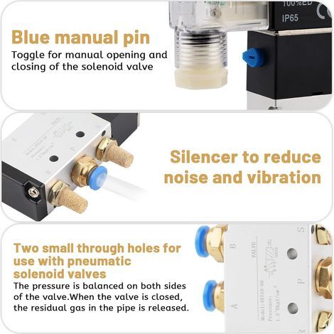24V DC Electrovanne pneumatique Électrovanne électrique 1/4" 5 voies 2 positions avec connecteur silencieux solénoïde Valve à air comprimé en alum régulateur de gaz pour système pneumatique (1/4)