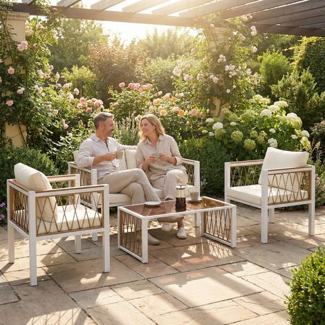Ensemble de mobilier de jardin 4 pièces, salon de jardin en polyrotin avec canapé 2 places, 2 fauteuils, table basse amovible en verre, coussins et tapis antidérapant. (1/5)
