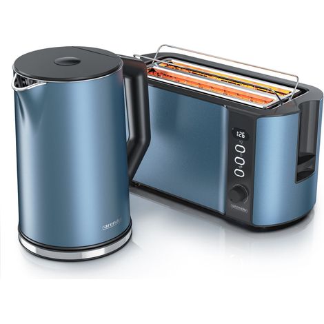Arendo 2-teiliges Frühstücksset - Edelstahl Wasserkocher 1,5l, 4-Scheiben Langschlitz Toaster, Blau Matt (1/5)