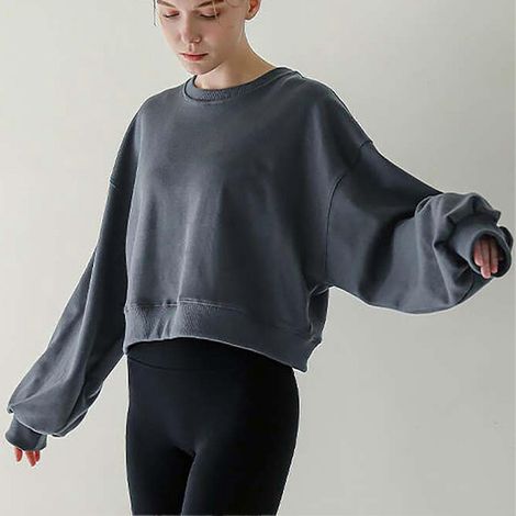 Haut de sport femme, col rond, manches longues, bleu poudré, taille M (1/4)