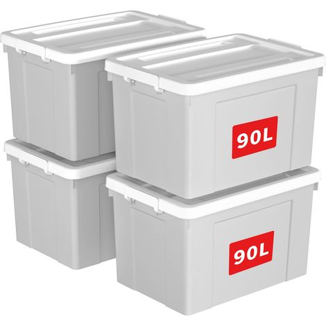 90L4 Boîte de Rangement, Bac de rangement avec Poignée, Plastique Organisateur avec Couvercle, Empilable, Transportable, pour Vêtements, Bureau, Chambre, Dortoirs, Gris, 90L - Lot de 4 (1/5)