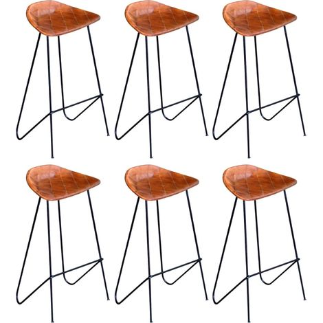 Tabourets de bar, lot de 6, en cuir véritable marron