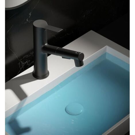 Waschtischarmatur mit ausziehbarer Brause (schwarz), Einlocharmatur, drei Wasserdurchflussmodi mit drehbarem Auslauf, Multifunktionsauslauf für Badezimmerwaschbecken