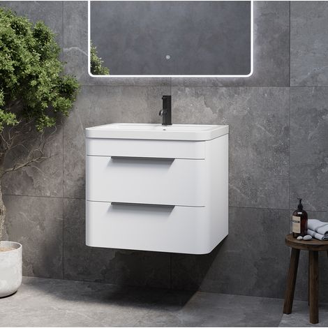 Oslo Gloss White 600mm Wall Mounted 2 Drawer Vanity Unit with Anya Basin - 600mm - Matt Black 300mm Finger Pull