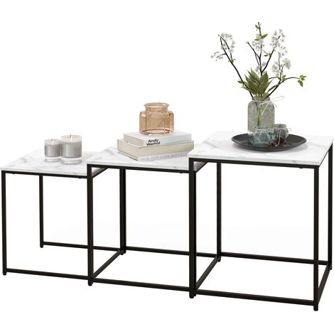 Tables d'appoint gigognes pour salon, ensemble de 3 tables gigognes effet marbre et structure en acier pour chambre, blanches (1/5)