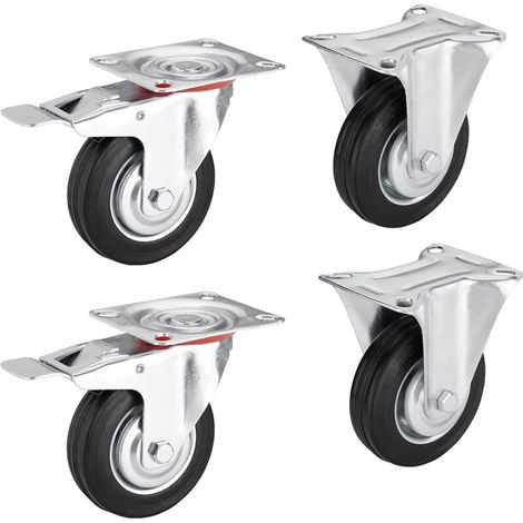 Juego de 4 ruedas resistentes Ø 75 mm (2 ruedas fijas, 2 ruedas giratorias con freno) Altura 96 mm, Placa de montaje: 80 x 67 mm Capacidad de carga hasta 280 kg Rueda fija (1/5)