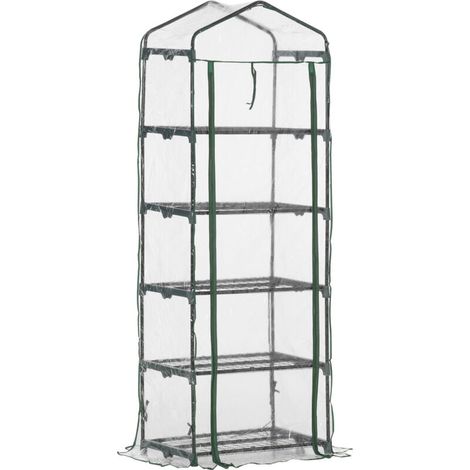 PVC-Gartengewächshaus mit 5 Ablagen. Balkongewächshaus. Verstärkte 135 g/m²-Plane. Stahlrahmen. Aufrollbare Tür mit Reißverschluss. Für Gemüse, Pflanzen und Blumen. 69 x 49 x 193 cm. Transparent.
