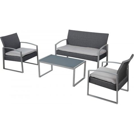 Salotto da esterno divano, due poltrone e tavolino metallo grigio e rattan sintetico grigio scuro Fredi Shewa