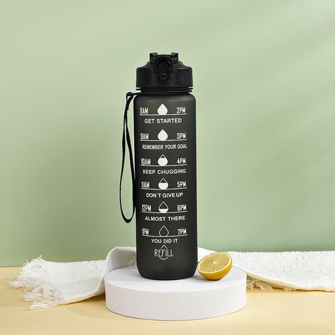Bouteille d'eau avec paille et marqueur de temps, portable et réutilisable (1000 ml, noir) (1/3)