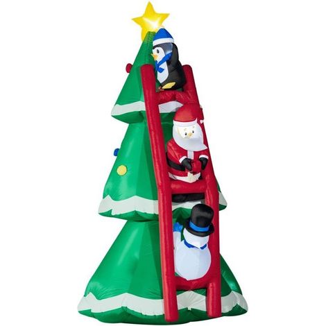 Décoration Gonflable LED von Noël 2, 47h m - Sapin von Noël Enneigé Décoré mit Échelle Personnages - Polyester Imperméable