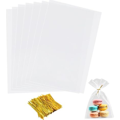 Lot de 100 sachets en cellophane transparent - 28 x 20 cm - Carrés - Avec cravates - Pour anniversaire, Noël, fête, cadeau (1/5)