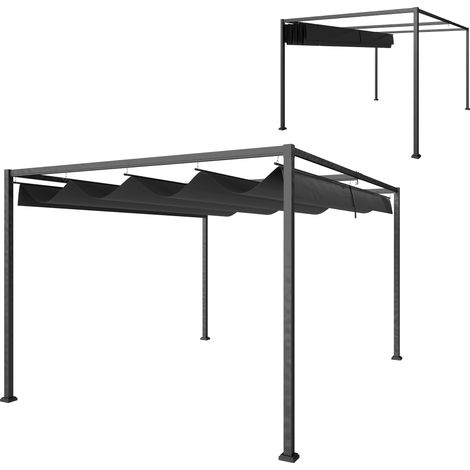 Pergola extérieure 3x2,1 m avec toile rétractable structure métal polyester noire abri terrasse jardin moderne (1/5)