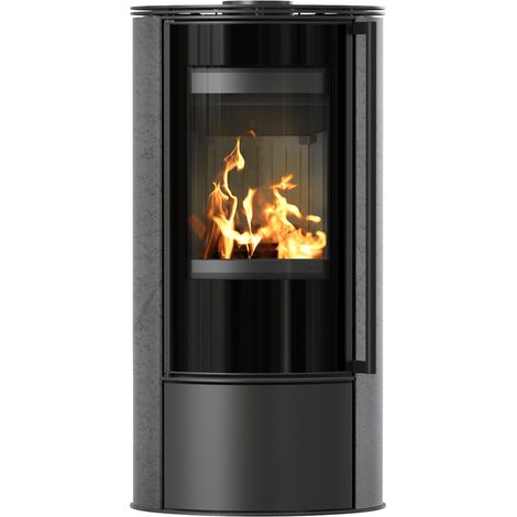 Kaminofen aus Stahl KRATKI ERIK Ø 150 5,5 kW dekorative Keramiken GRAFITE SATIN schwarz Verkleidung mit Türfeder (1/5)