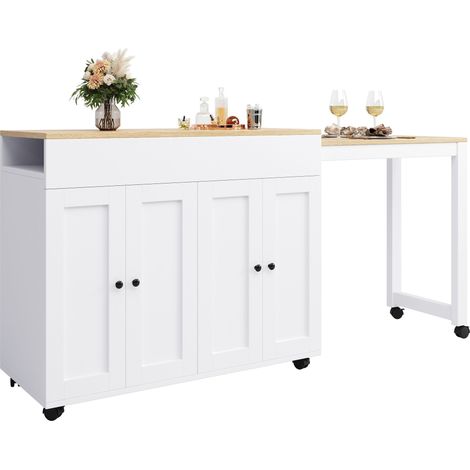 Table bar moderne extensible 117-180×50×94,6 cm,table à manger extensible avec espace de rangement et 6 étagères,table haute type bistrot,idéale pour salle à manger ou comme séparation de pièce,blanc (1/5)