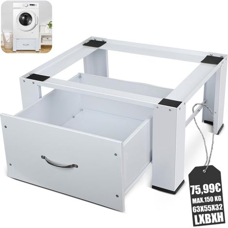 Waschmaschinen Sockel mit Schubladen, Waschmaschinen Untergestell 63 x 54.5 x 32 cm (LxBxH), Trocknersockel aus Stahl Stabiler Rutschfesten Podest für Kühlschrank Gefrierschrank Bis 150kg