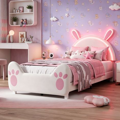 JOOKGBD-Kinderbett Polsterbett 90x200 cm,Einzelbett 90x200cm mit Entzückende Hasenform-Kopfteil und LED,Lattenrost,Jugendbett skandinavischer Stil,Samt,Weiß