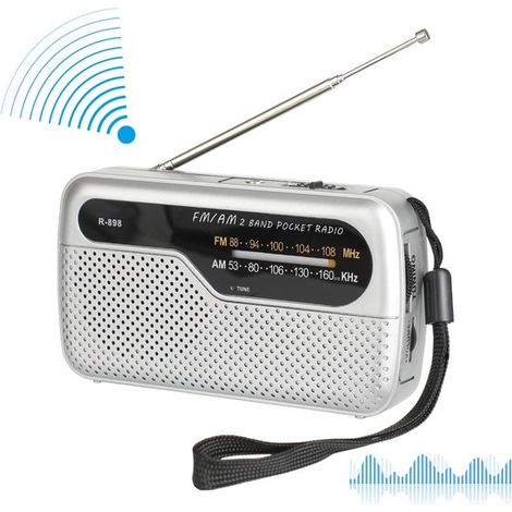 Radio de bolsillo OIMG AM/FM, Radio portátil pequeña a pilas, Radio a pilas, Fácil de usar, Radio pequeña, Ideal como regalo de Navidad, Plateada (1/5)