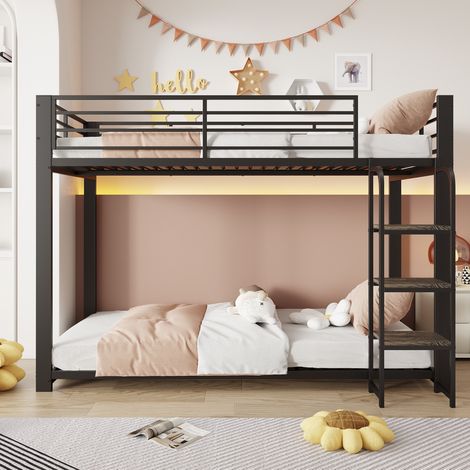 Letto a castello 90/200 cm in nero con scala-ripiano in legno, struttura in metallo e protezione anticaduta (1/5)