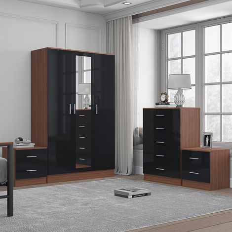 Reflect 3 Door Mirror Wardrobe, 5 Drawer Chest, 2x 2 Drawer Bedsides - Black Gloss & Walnut - Modern Bedroom Furniture Set