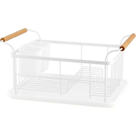 Égouttoir à Vaisselle en Métal Blanc et Poignées Bois