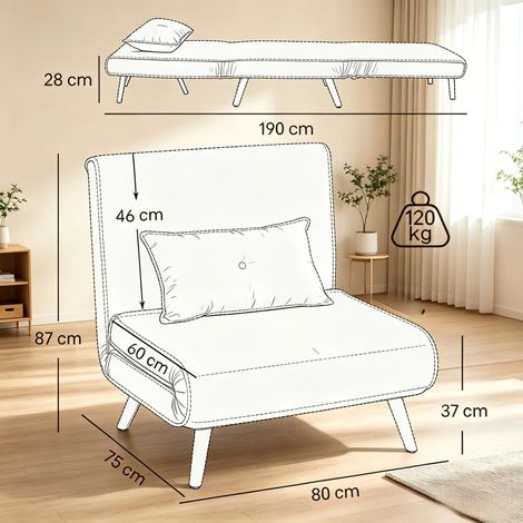 Sofá cama convertible de 1 plaza, sofá cama Clic-Clac 3 en 1 con respaldo ajustable en 5 direcciones, incluye cojines, sofá cama multifuncional para sala de estar (solo con 1 sofá cama). (1/5)